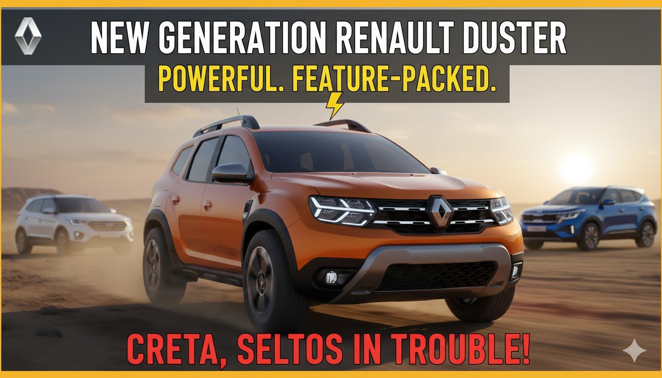 नई जनरेशन Renault Duster 2026 फ्रंट प्रोफाइल व्यू, Y-शेप LED ग्रिल और LED हेडलाइट्स के साथ