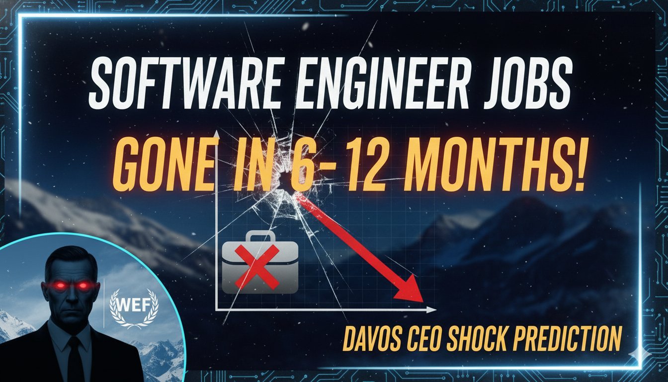 दावोस में एआई सीईओ की भविष्यवाणी पर सॉफ्टवेयर इंजीनियर्स का चिंतित चेहरा और रोबोट कोडिंग करता हुआ