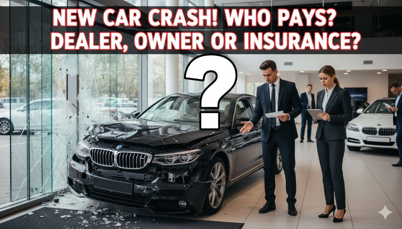 शोरूम से निकलते ही क्षतिग्रस्त हुई नई कार का दृश्य