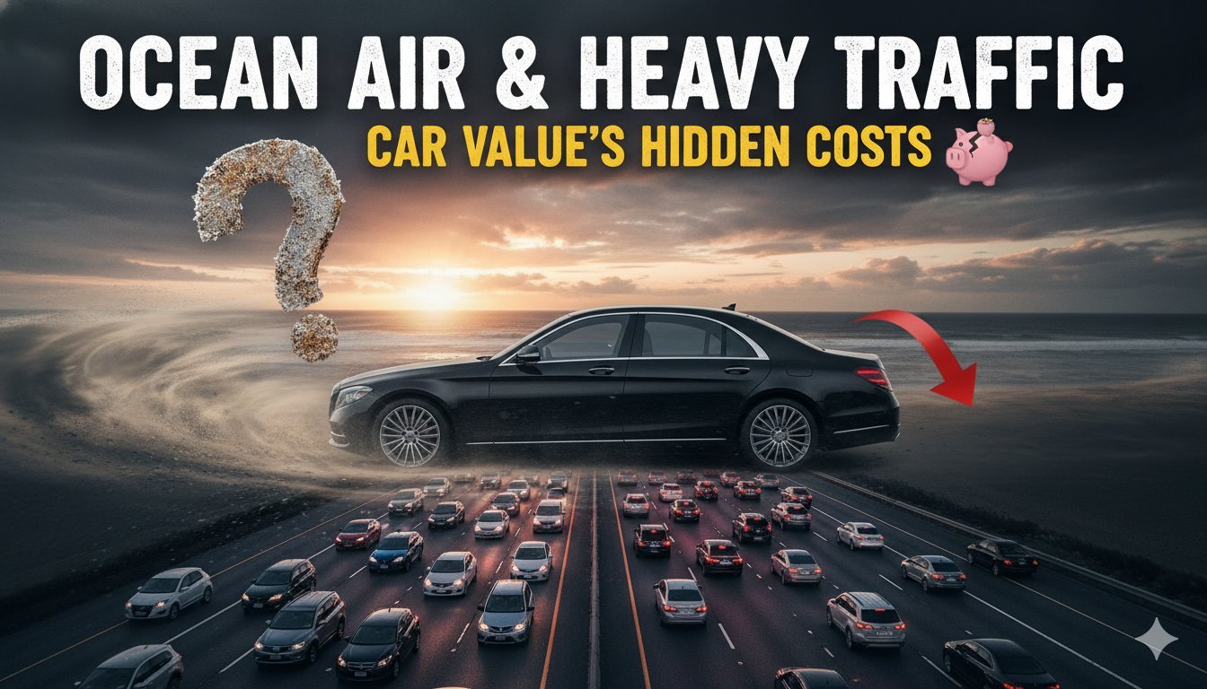 समुद्री किनारे पर ट्रैफिक में फंसी कारें जंग और घिसाव से प्रभावित