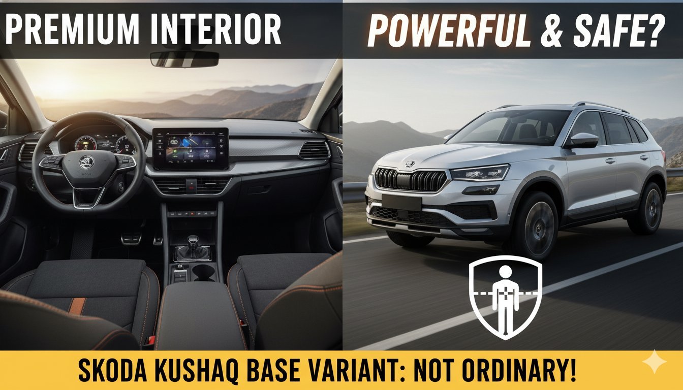 स्कोडा कुशाक बेस वेरिएंट का फ्रंट व्यू, प्रीमियम LED लाइटिंग और ग्रिल के साथ