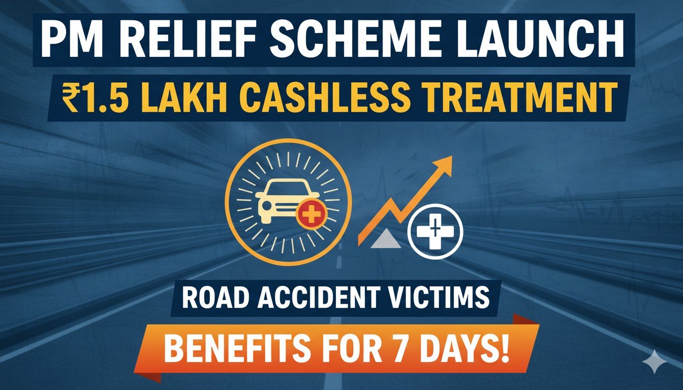 Alt Text for featured image : सड़क दुर्घटना पीड़ित को अस्पताल में कैशलेस इलाज मिलते हुए, PM RAHAT योजना का ग्राफिक प्रतिनिधित्व