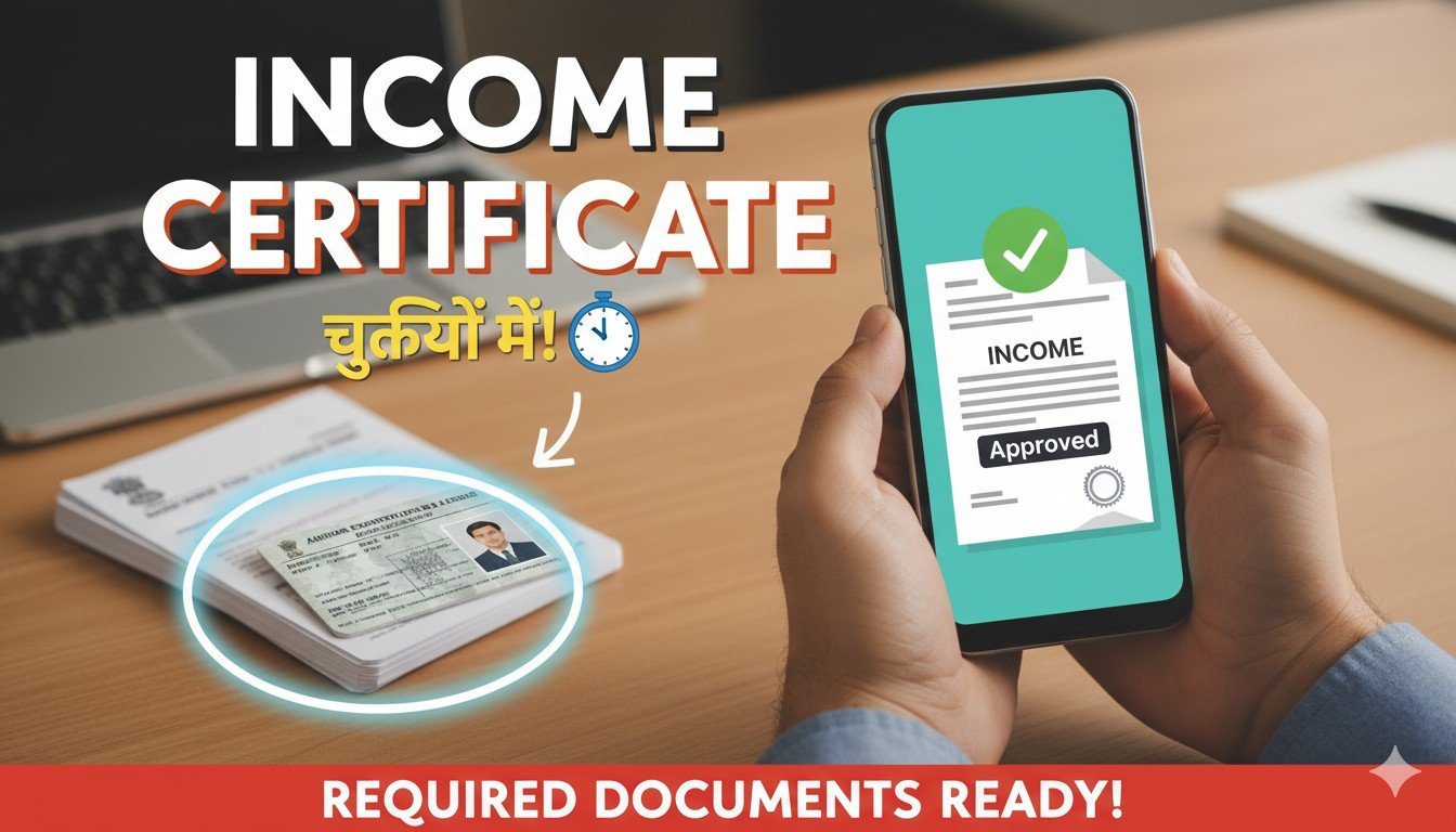 व्यक्ति लैपटॉप पर आय प्रमाण पत्र ऑनलाइन आवेदन करते हुए, दस्तावेज और मोबाइल के साथ