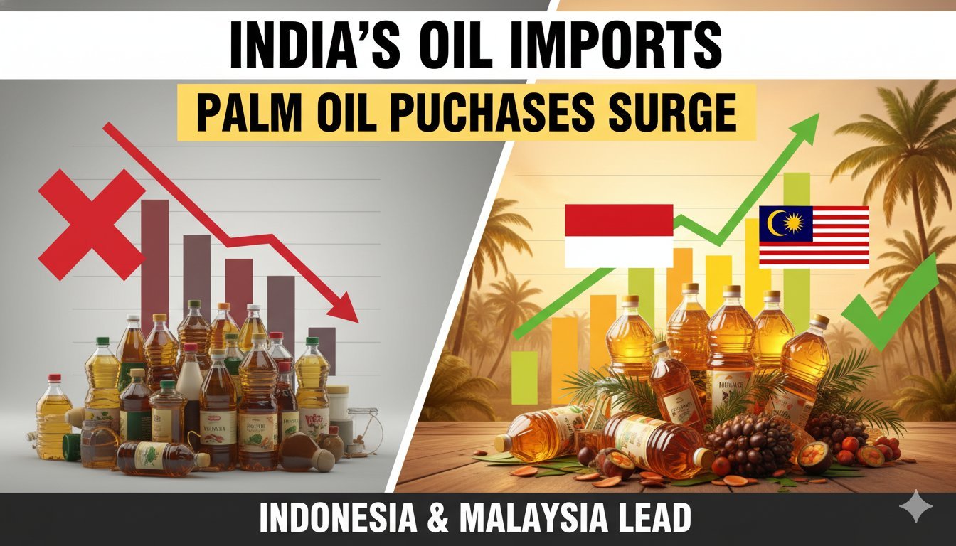 भारत में पाम तेल आयात बढ़ने का ग्राफ दिखाता हुआ चित्र, इंडोनेशिया और मलेशिया के साथ वनस्पति तेल कंटेनर