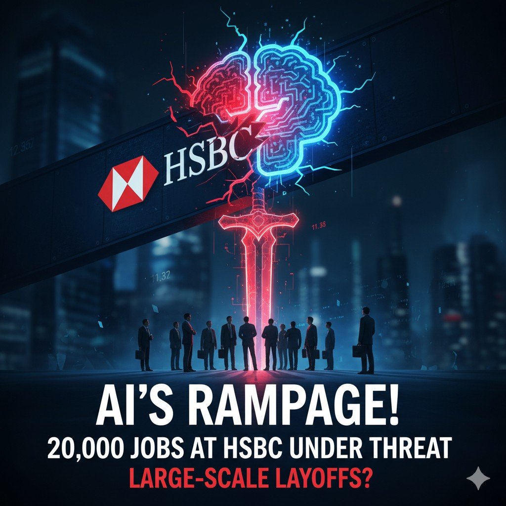 HSBC बैंक का लोगो और AI टेक्नोलॉजी का ग्राफिक दिखाता हुआ इमेज, जिसमें जॉब कट्स की आशंका दर्शाई गई है