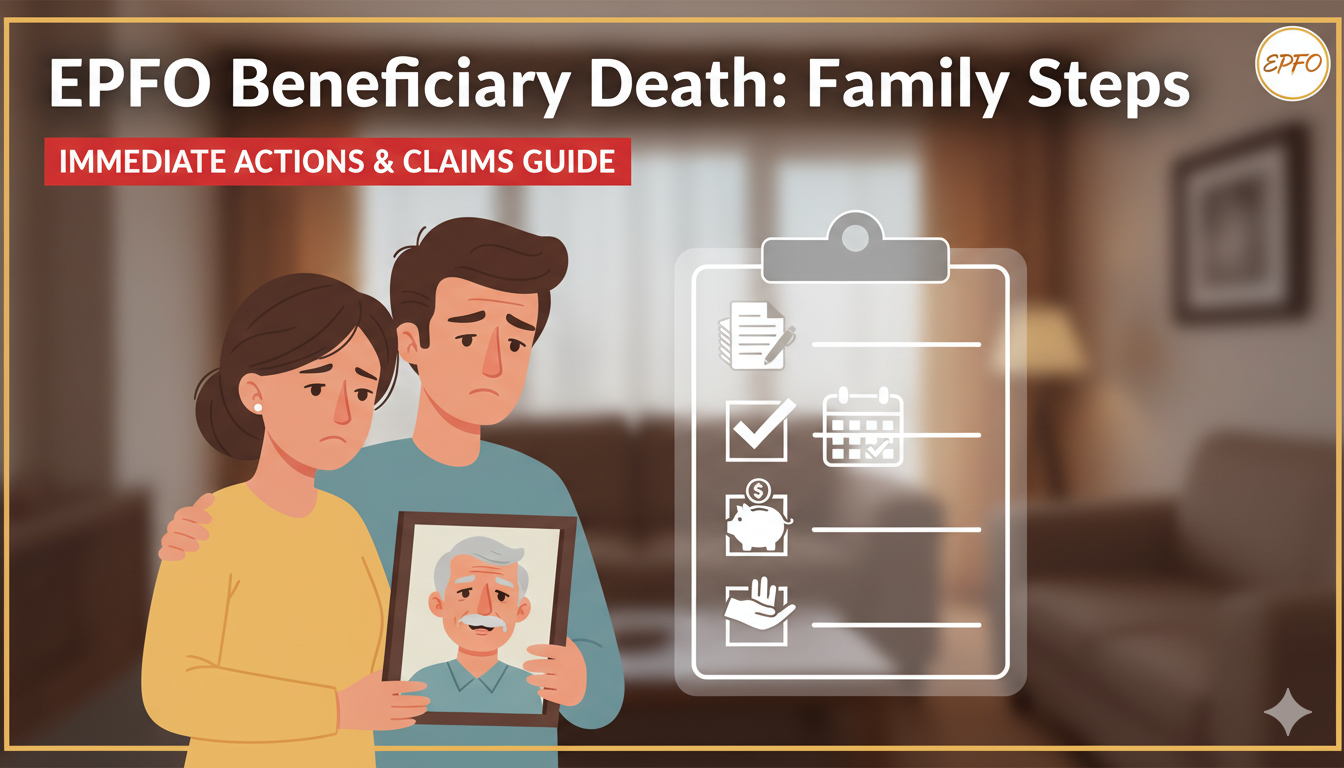 EPFO सदस्य की मौत पर परिवार को मिलने वाले PF, पेंशन और बीमा लाभ की प्रक्रिया दिखाती इमेज