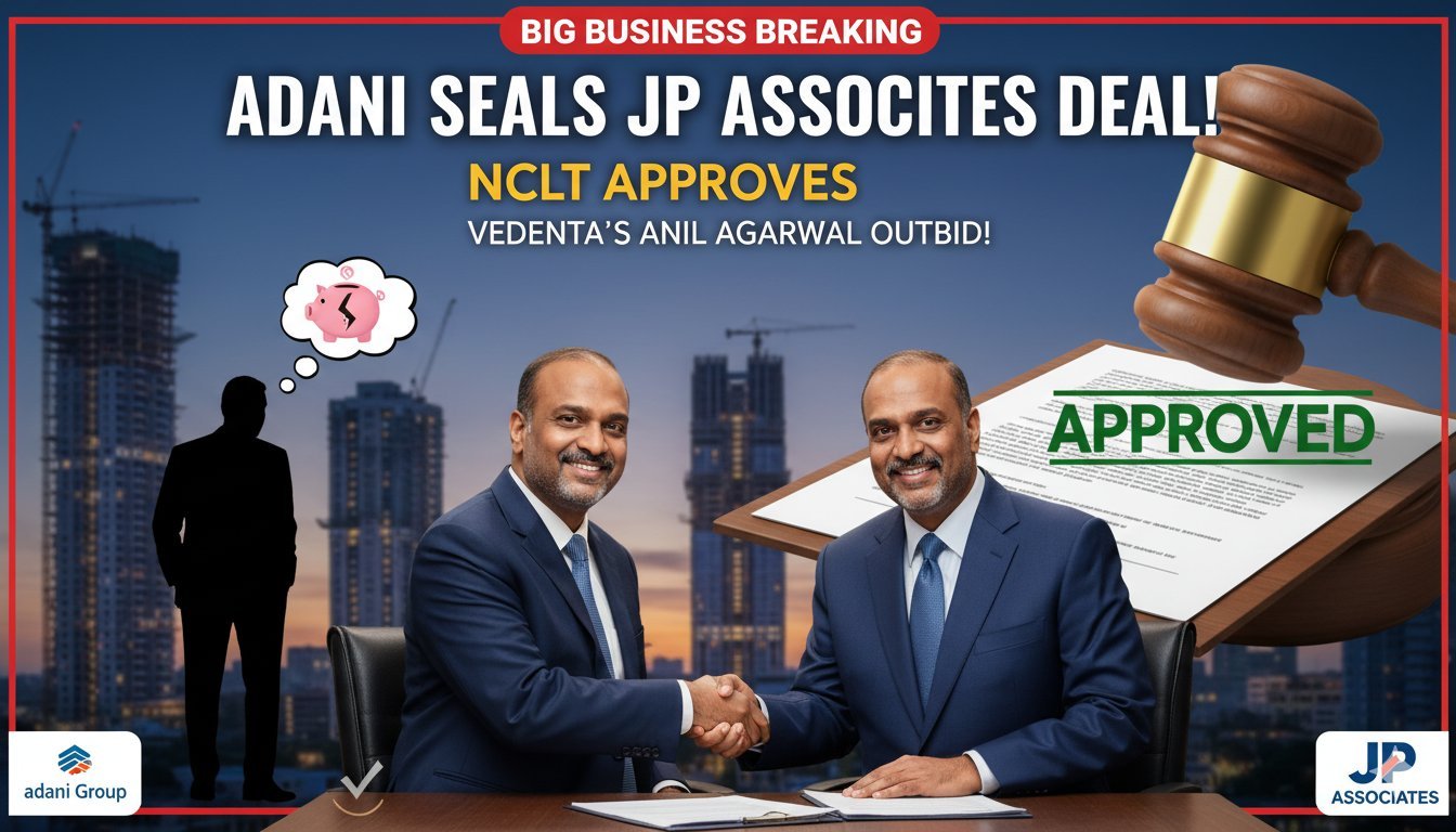 गौतम अडानी और अडानी ग्रुप का लोगो, JP Associates अधिग्रहण की खबर के साथ