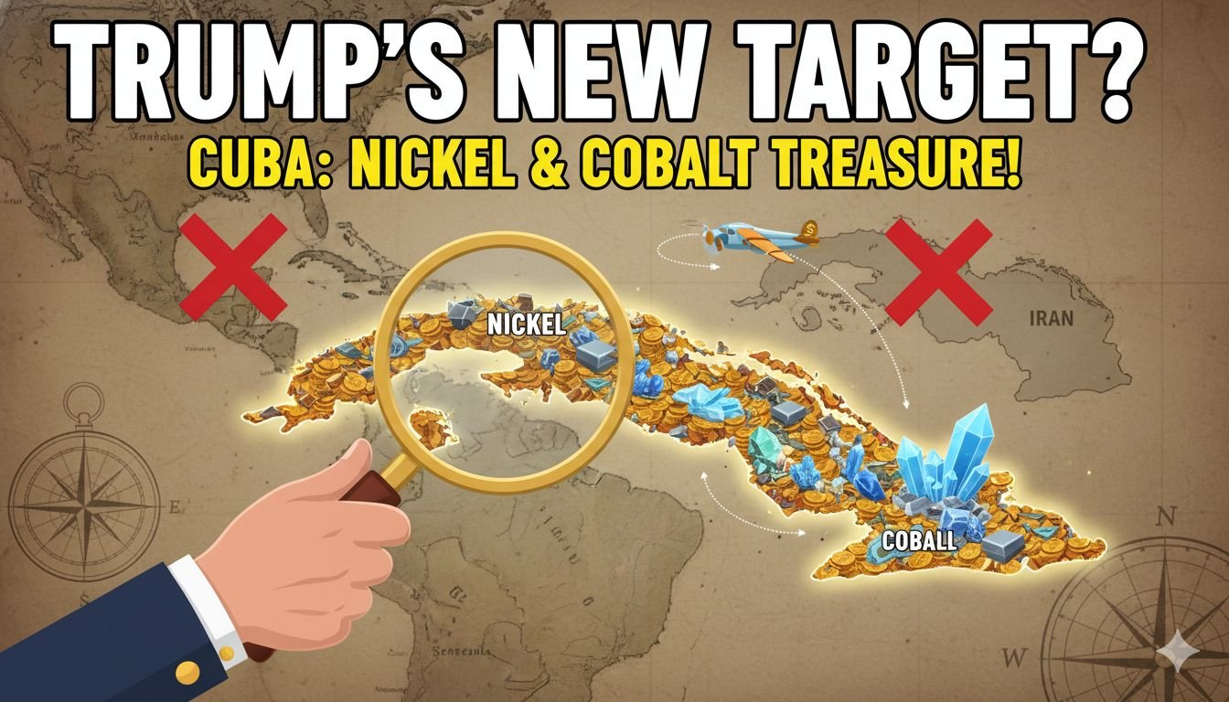 डोनाल्ड ट्रंप और क्यूबा के मैप पर निकल-कोबाल्ट माइनिंग का ग्राफिक, क्रिटिकल मिनरल्स पर अमेरिकी फोकस दिखाता हुआ