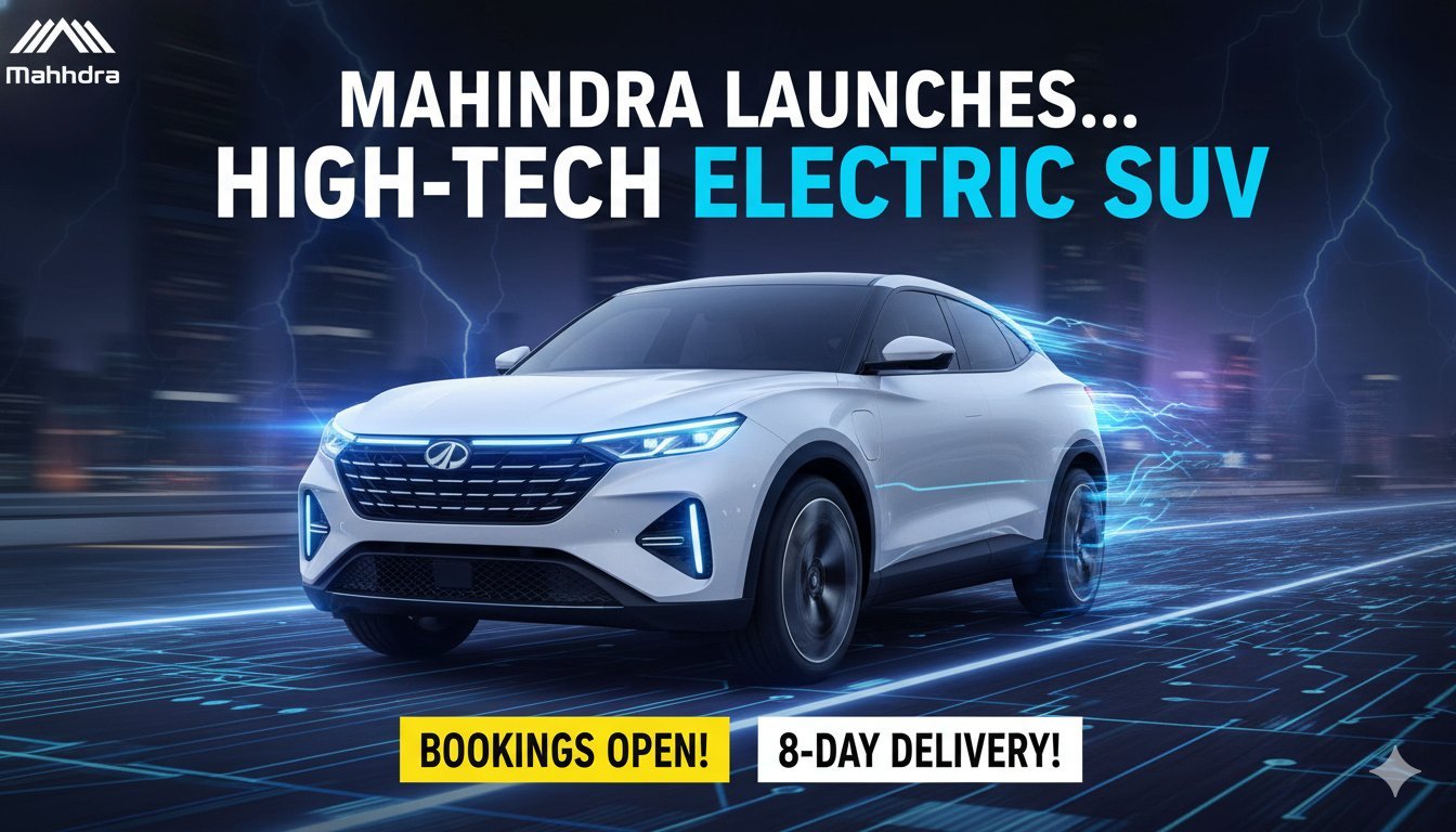 महिंद्रा XEV 9e Cineluxe Edition इलेक्ट्रिक SUV फ्रंट व्यू Satin Black कलर में, हाई-टेक फीचर्स वाली लग्जरी EV