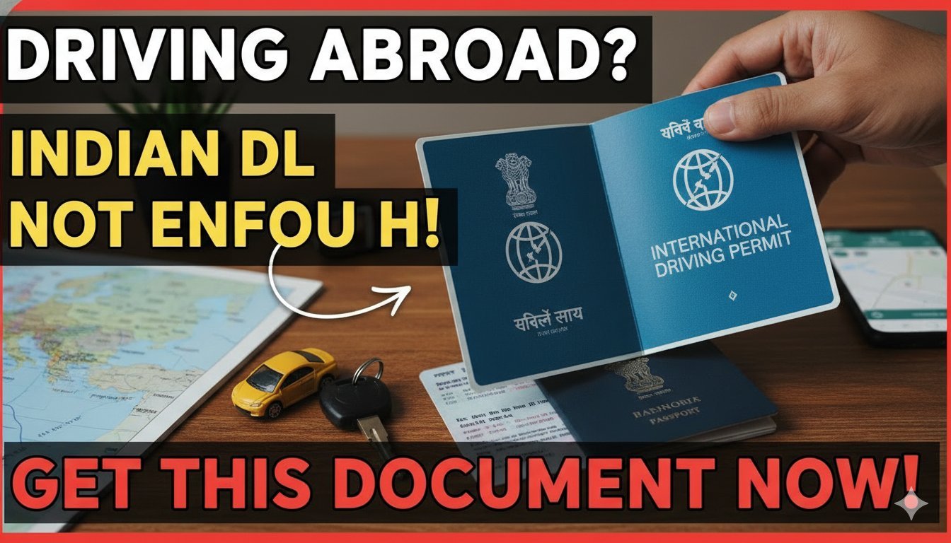 विदेश में कार ड्राइविंग के लिए इंटरनेशनल ड्राइविंग परमिट (IDP) दस्तावेज दिखाता हुआ ग्राफिक