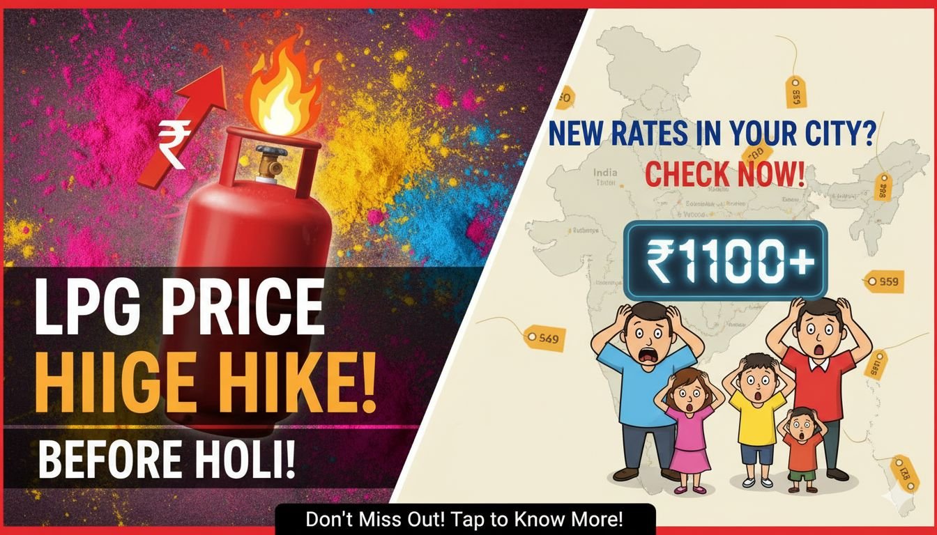 होली 2026 से पहले कमर्शियल LPG सिलेंडर के बढ़े दाम दिखाते हुए ग्राफिक, दिल्ली मुंबई कोलकाता चेन्नई के नए रेट के साथ